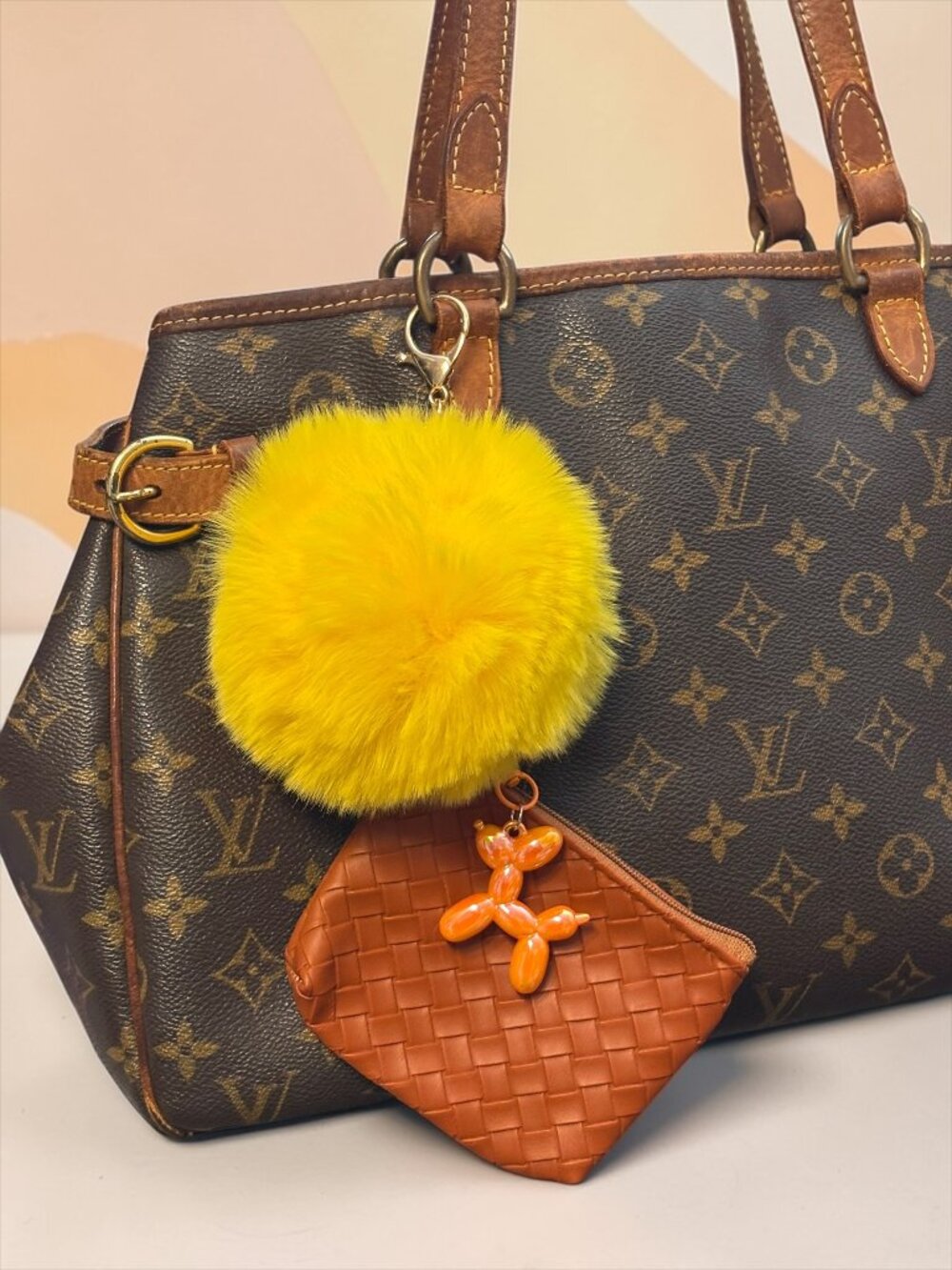 NEW Brown Yellow Orange Woven Pouch Balloon Dog Pom Pom Bag Charm Keychain Set